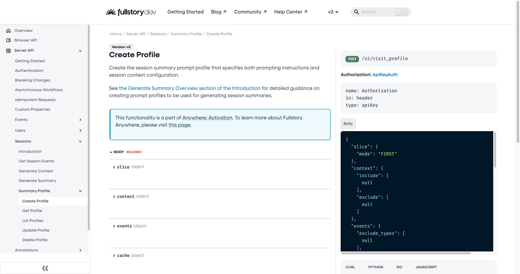FullStory Create Profile API